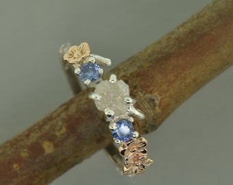 engagement ring, alternative engagement ring, cherry blossom ring, raw diamond ring, elvish engagement ring, sapphire ring,raw stone ring
