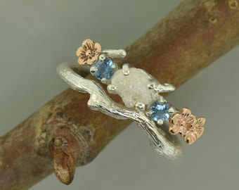engagement ring, alternative engagement ring, cherry blossom ring, raw diamond ring, elvish engagement ring, aquamarine ring,raw stone ring