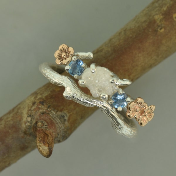 engagement ring, alternative engagement ring, cherry blossom ring, raw diamond ring, elvish engagement ring, aquamarine ring,raw stone ring