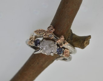 Cherry branch ring, raw stone ring, stacking ring,Raw Diamond ring,Elvish Engagement Ring, stack ring, rose gold ring, leaf ring, flower