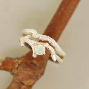 Bud Branch set with Opal, Alternative wedding ring, opal ring, wedding ring, twig ring, branch ring, opal twig ring, silver twig ring.