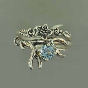 Conjunto de anillo de compromiso de asta de aguamarina: Anillo de plata esterlina con diseño floral