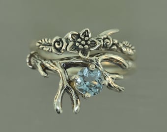 Antler 2, flower band, twig band alternative engagement ring, antler engagement ring, leaf engagement ring, stacking rings. aquamarine ring,