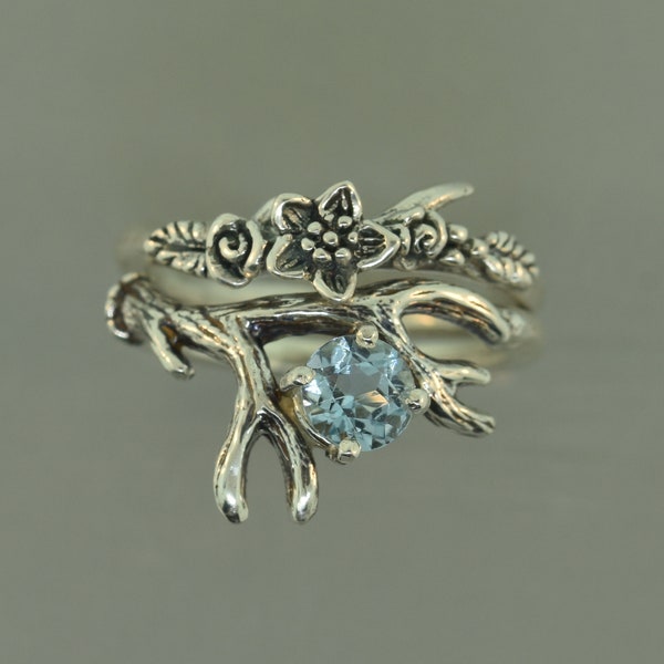 Antler 2, flower band, twig band alternative engagement ring, antler engagement ring, leaf engagement ring, stacking rings. aquamarine ring,