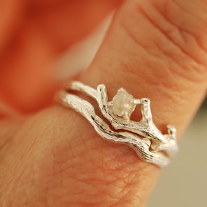 Sterling Silber Rohdiamant Zweig Ring Set: Natur Inspirierter Verlobungsring