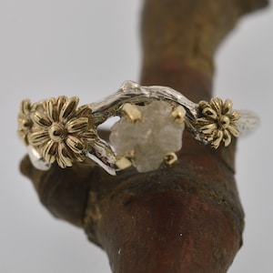 I love you ring, bud branch, engagement ring, gold ring, flower ring, branch ring, twig ring, daisy ring, sunflower ring, raw diamond ring