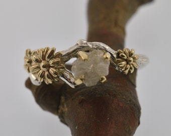 I love you ring, bud branch, engagement ring, gold ring, flower ring, branch ring, twig ring, daisy ring, sunflower ring, raw diamond ring