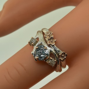 Raw Blue Diamond Ring: Rose Gold Blossom Twig Engagement Ring Set