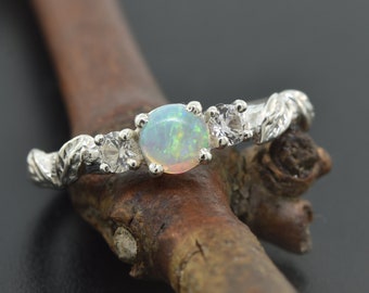 leaf engagement ring, moissanite ring, alternative engagement ring, opal leaf ring, twig ring, opal ring, Australian opal,stacker