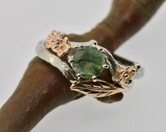 For ZA Lacey Leaf engagement set, twig ring, gold leaf engagement ring, moss agate ring,  leaf engagement set, moss agate, engagement ring,