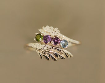 Family Angel Wing Birthstone Ring: Sterling Silver Mothers Ring