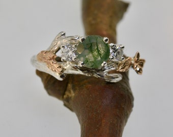 The Julia,Butterfly ring, twig engagement ring,  stacking ring, Moss agate ring, Leaf, Elvish Engagement Ring, Mossagate ring, Moissanite