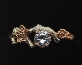 bud branch, engagement ring, twig diamond ring, rose gold ring, flower ring,branch ring, twig ring,moissanite ring, white sapphire ring,