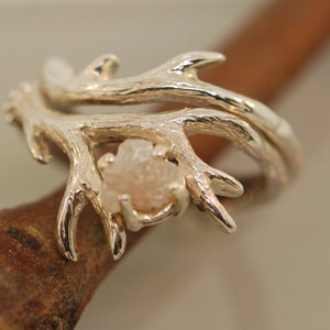 Raw diamond ring, Antler Ring 2 , deer ring,  Alternative Engagement Ring, Raw stone ring, nature inspired, deer antler ring, handmade ring,