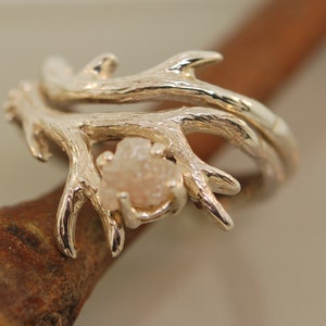 Antler Ring 2 Set with Raw Diamond, Rough Diamond Ring, Alternative Engagement Ring, Twig Ring with Diamond