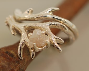 Antler Ring 2 Set with Raw Diamond, Rough Diamond Ring, Alternative Engagement Ring, Twig Ring with Diamond