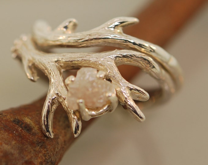 Featured listing image: Antler Ring 2 Set with Raw Diamond, Rough Diamond Ring, Alternative Engagement Ring, Twig Ring with Diamond