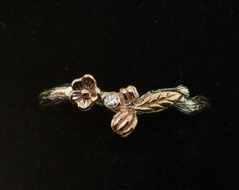 Cherry Bud blossom, Band,twig ring,branch ring,alternative engagement ring,wedding ring, gold twig ring, cherry buds, diamond branch ring,