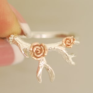 Antler 2 with Roses, sterling silver, 14 karat rose gold, antler ring, twig ring, alternative engagement ring
