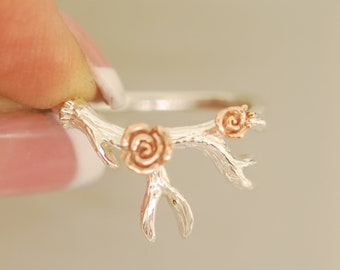 Antler 2 with Roses, sterling silver, 14 karat rose gold, antler ring, twig ring, alternative engagement ring