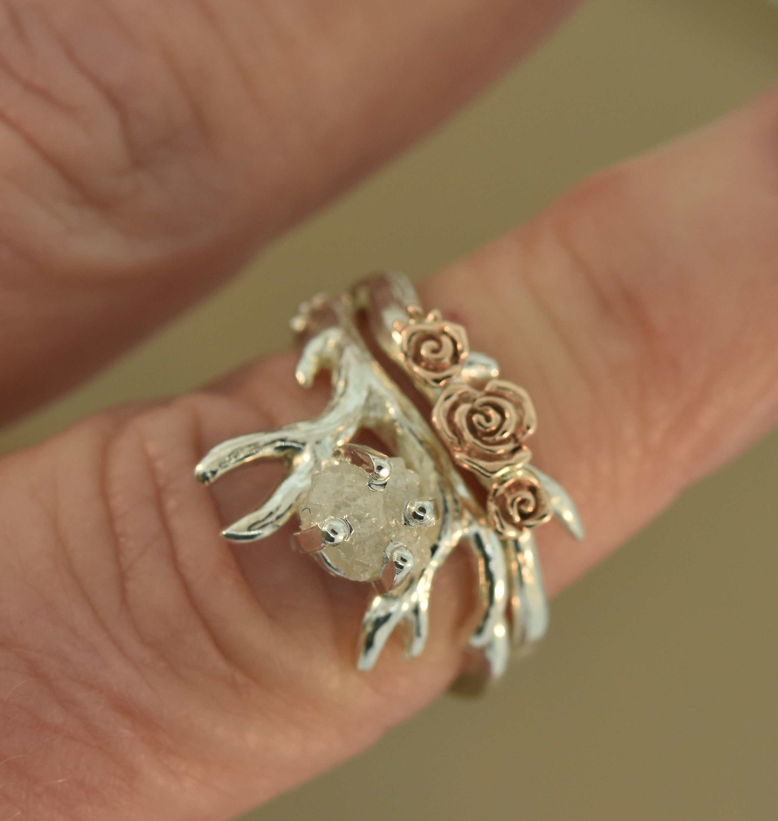 Antler Ring 2, Rose Gold Flowers, Raw Diamond Alternative Engagement