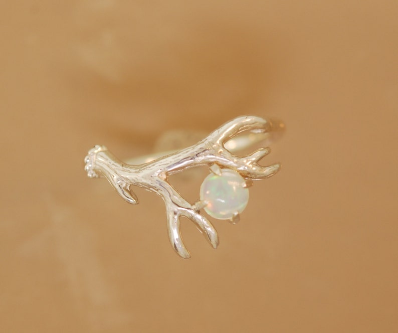 Opal Antler Ring 2, Sterling Silver Antler ring, Alternative Engagement ring, Twig Ring,  Antler Ring 