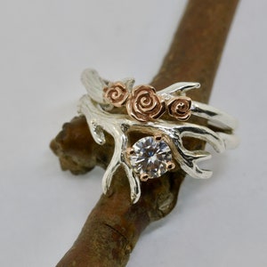 Antler Ring 2 With Rose Gold Flowers, Moissanite ring, Alternative engagement ring, Twig engagement ring, Branch ring engagement