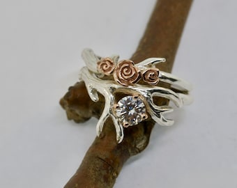 Antler Ring 2 With Rose Gold Flowers, Moissanite ring, Alternative engagement ring, Twig engagement ring, Branch ring engagement