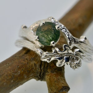 Oak leaf ring, leaf ring, acorn ring, moss agate ring, stacking ring, twig engagement ring, branch engagement ring, nature inspired