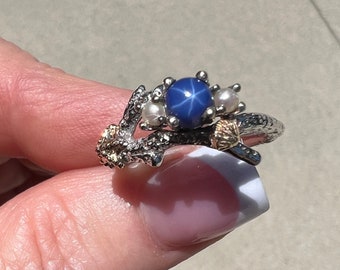 Sapphire Starfish Ring, coral ring, starfish ring, sapphire ring, Sapphire ring, coral branch, alternative engagement ring, pearl ring,