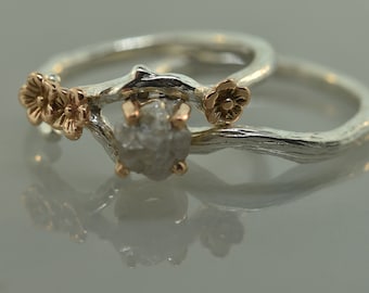 Bud branch with blossoms, twig engagement ring, alternative engagement ring, engagement ring, raw diamond ring, rose gold ring