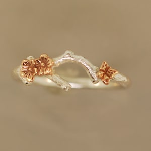 Cherry Blossom Ring: Sterling Silver Branch with 14K Gold Butterfly