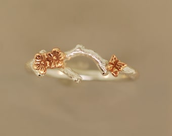 Cherry Blossom Branch with Butterfly, sterling silver, rose gold, branch ring , twig ring,