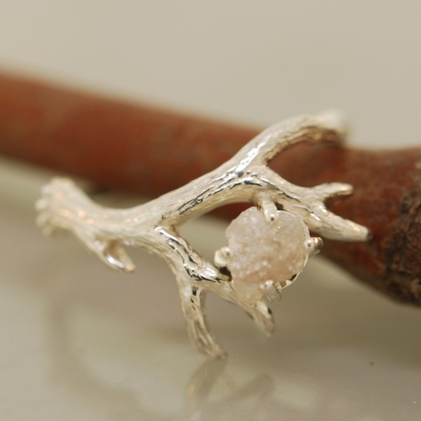 Antler Ring 2 with Raw Diamond, Rough Diamond Ring, Alternative Engagement Ring, Twig Ring, Twig Diamond Ring