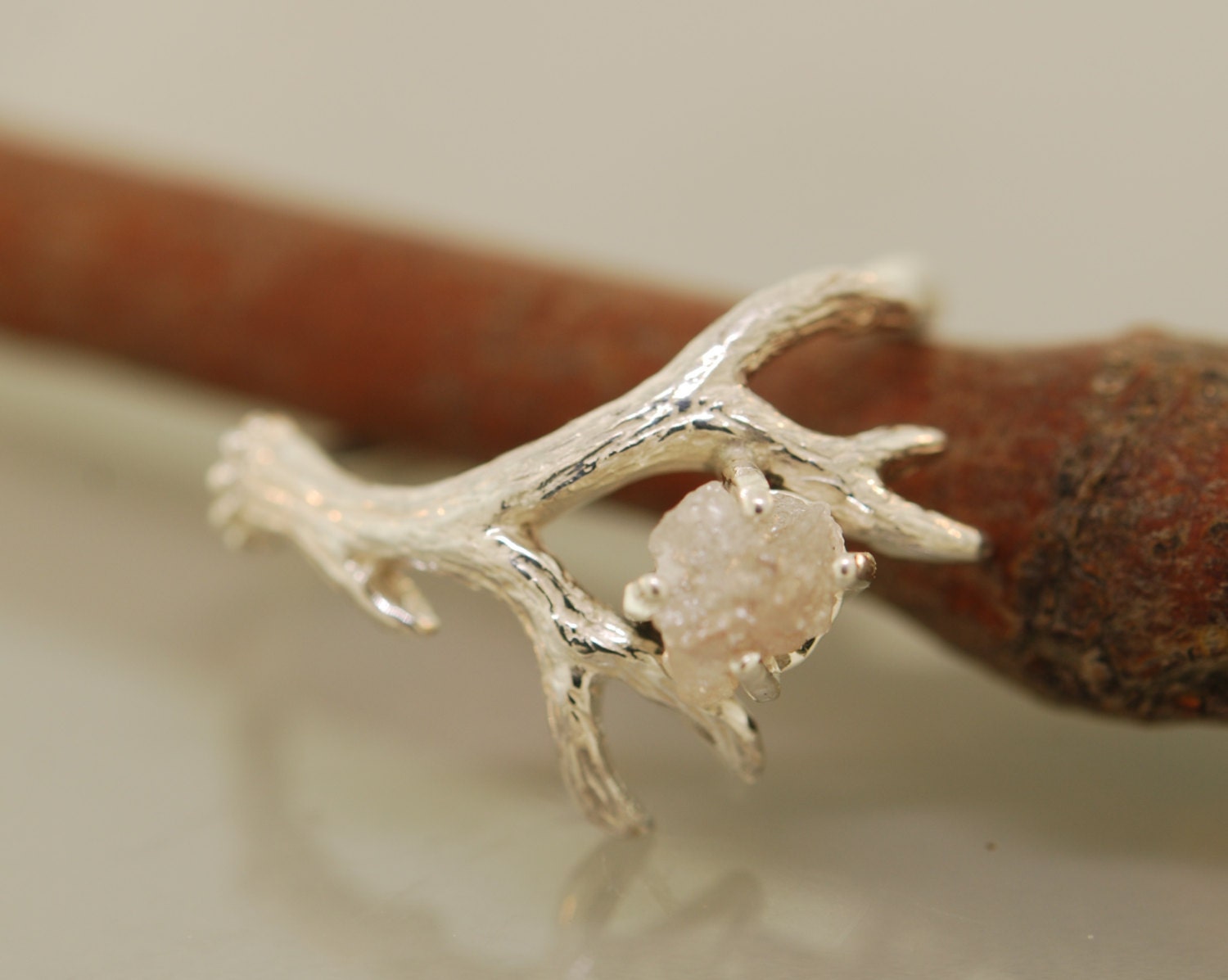 Antler Ring 2 With Raw Diamond Rough Diamond Ring Alternative