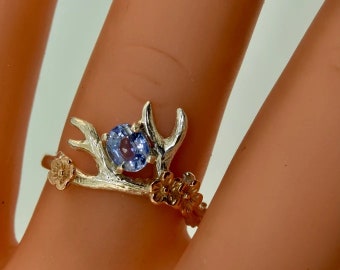 Antler ring, Ceylon sapphire ring, alternative engagement ring, sapphire ring, Elvish ring, branch ring, branch twig ring, rose gold ring