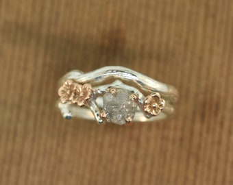 Bud branch with blossoms, twig engagement ring, alternative engagement ring, engagement ring, raw diamond ring, rose gold ring