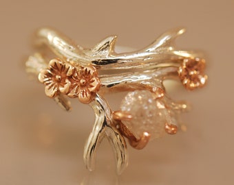 Antler Ring 2 With Rose Gold Flowers, Raw Diamond, Alternative Engagement Ring, Twig with Diamond, Raw Stone Ring