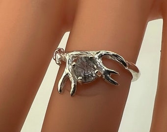 Antler ring, Alternative Engagement ring, Twig Ring,  Antler Ring, gifts for her, toumalinated quartz, rutilated quartz, silver antler ring