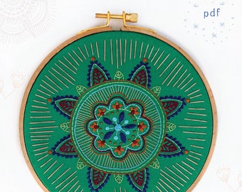 OASIS - motif de broderie pdf, cerceau de broderie, broderie à la main, mandala, mandala vert, ambiance tropicale, bleu douillet