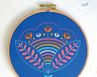 WEEKEND PICNIC - pdf embroidery pattern, embroidery hoop art, folk art, hand embroidery, cozy blue, mod flower, modern embroidery, floral