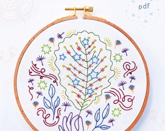 AUTUMN WIND - pdf embroidery pattern, embroidery hoop art, hand embroidery, hand with leaves and flowers, helping hands, cozy blue stitching