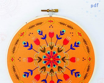 TANGERINE MANDALA - pdf embroidery pattern, embroidery hoop, digital download, stitched mandala, meditative stitching, orange floral mandala