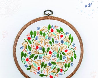 FOREST FLOOR - pdf embroidery pattern, embroidery hoop, digital download, ginkgo leaves, fall leaves, autumn inspired, embroidered leaves