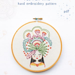 FLOWER GIRL pdf embroidery pattern, feather and flowers, girl with flower crown, embroidery hoop art, stitch design, cozyblue on etsy image 1