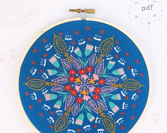 FLORAL BURST - pdf embroidery pattern, embroidery hoop art, floral burst on blue, bouquet of flowers, flower mandala, cozyblue, cozy blue