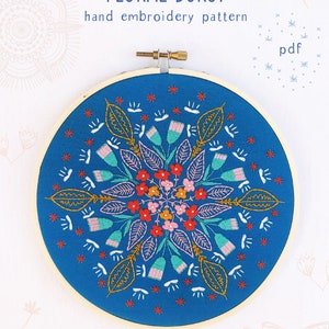 FLORAL BURST - pdf embroidery pattern, embroidery hoop art, floral burst on blue, bouquet of flowers, flower mandala, cozyblue, cozy blue