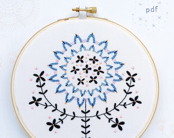 FOLK FLOWER - pdf embroidery pattern, embroidery hoop art, folk art, hand embroidery, cozy blue, blue and black