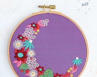 FLORA LUNA - pdf embroidery pattern, embroidery hoop art, crescent moon, moon and plants, moon flowers, celestial design, magical moon