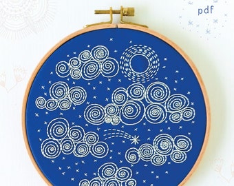 NIGHT SKY - pdf embroidery pattern, embroidery hoop art, phases of the moon, la luna, clouds, sashiko style, blue moons, celestial, stars